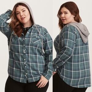 TORRID Plaid Long Sleeve Hooded Camp Shirt